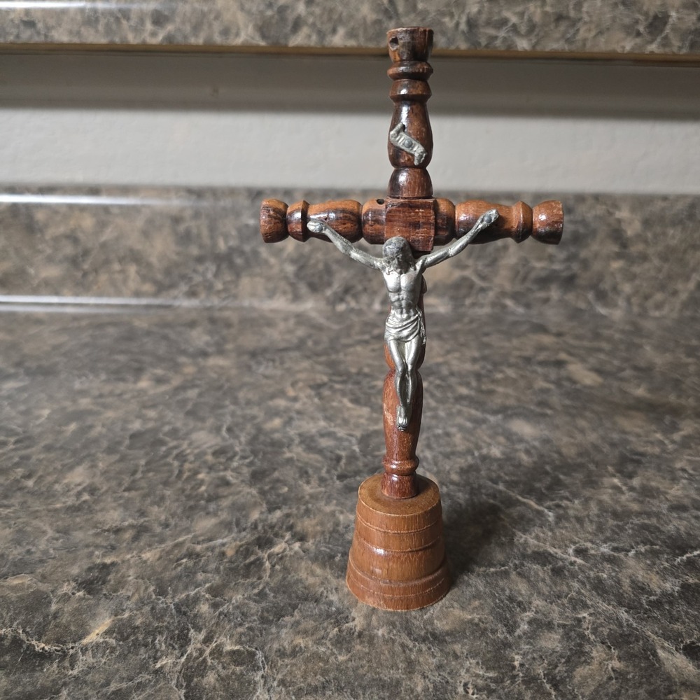 Vintage Wood Standing Crucifix Cross Metal Jesus Catholic Altar 7" Religious